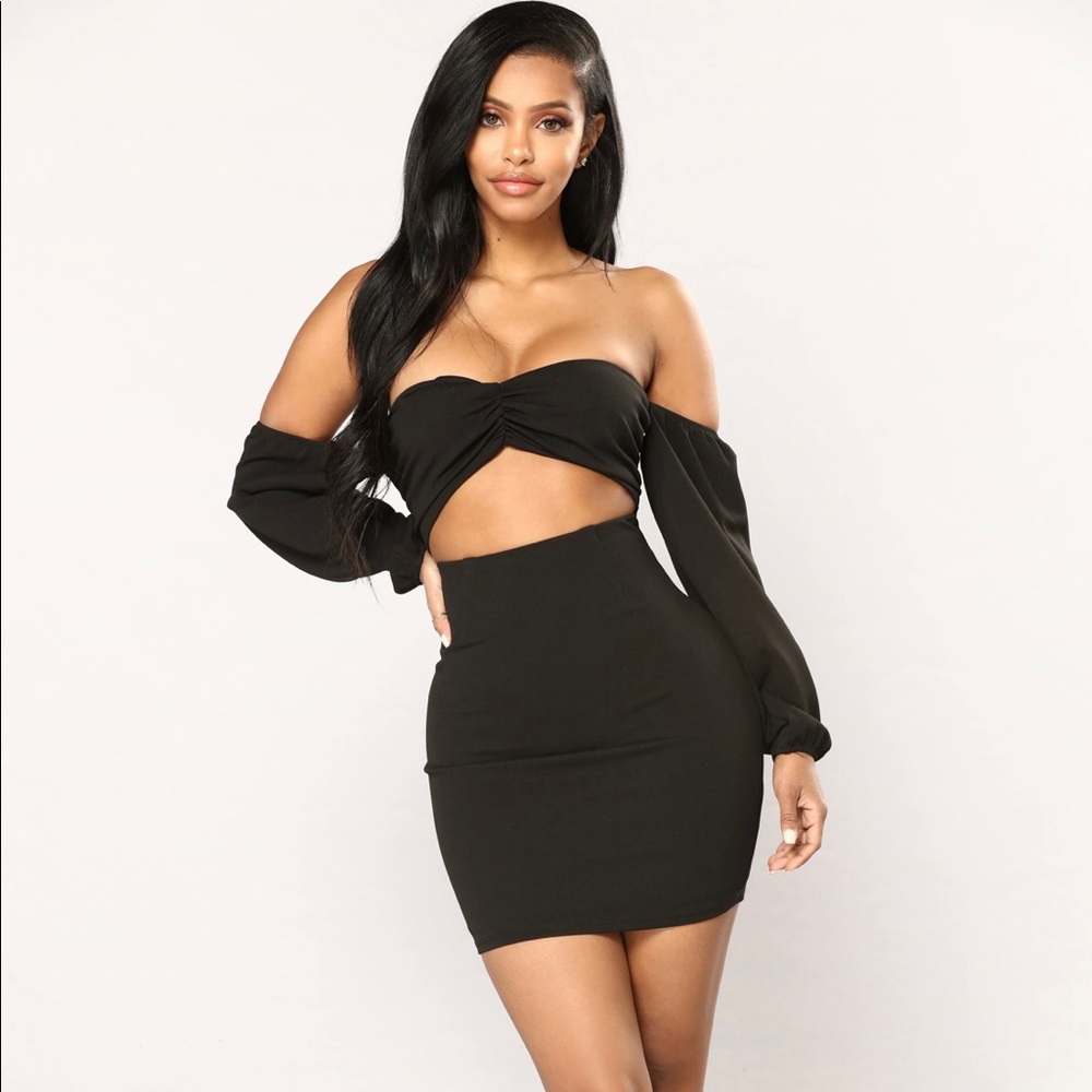 Off the shoulder, mini black dress